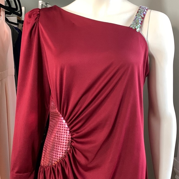 Vintage 70s 80s Disco Party Red Dress Sequin One shoulder - Picture 4 of 11